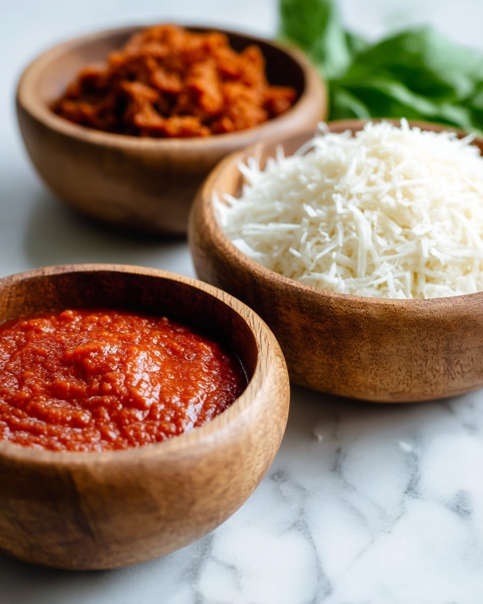 The image shows three round wooden bowls placed on a white marbled surface. The bowl in the front left holds a rich, red tomato sauce with a slightly smooth and thick texture. To the right, there is a bowl piled high with finely shredded white cheese, showing a soft and fluffy texture. Behind these two, there is a third bowl filled with small pieces of reddish-brown cooked meat with a slightly glossy appearance. In the background, some fresh green leaves are partially visible. photo taken with an iphone --ar 4:5 --v 7