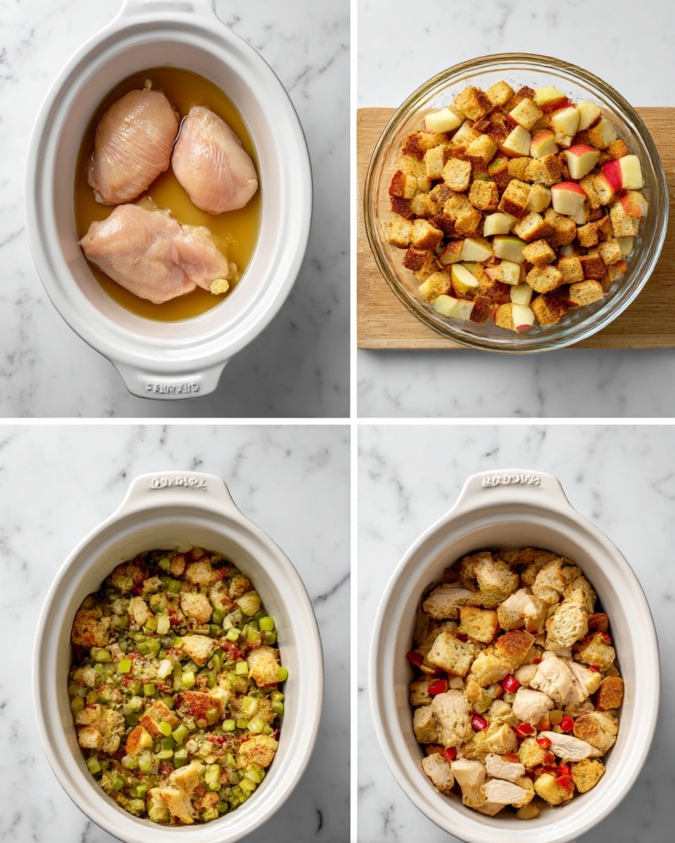 The image shows four steps in preparing a dish. Top left has two pale pink chicken pieces placed in a white crockpot with some juice at the bottom. Top right shows a clear glass bowl filled with golden brown toasted bread cubes next to apples and a board with chopped vegetables on a white marbled surface. Bottom left features a glass bowl filled with the same bread cubes now mixed with small chopped bright green celery and red peppers. Bottom right displays the white crockpot filled with a mix of golden bread cubes, green celery, red peppers, and some smaller cooked chicken pieces, all combined. Photo taken with an iphone --ar 4:5 --v 7