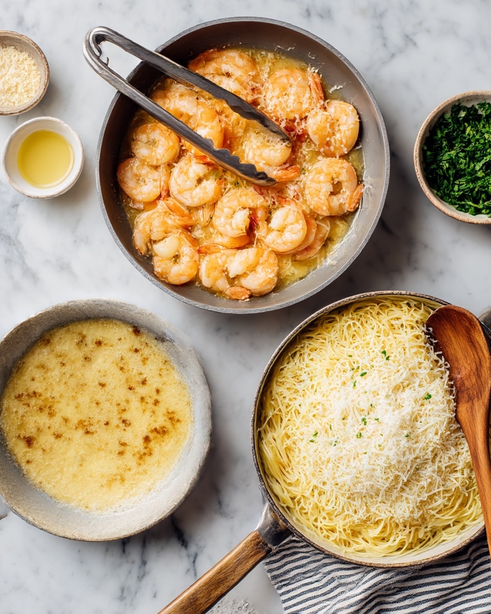 The image shows two grey pans with food on a white marbled surface. The left pan contains one layer of cooked shrimp with a light orange color, arranged in a circle, sitting in a golden liquid with small brown bits around the edges. Metal tongs rest on the pan's edge. There are small bowls with grated cheese and a light yellow liquid nearby. The right pan has two layers: the bottom layer is light yellow cooked spaghetti filling the pan, and on top are shrimp in a light orange color spread evenly, with a thick layer of grated cheese covering most of the shrimp and pasta. A wooden spoon rests on the pan's right edge. Nearby are a bowl of chopped green herbs and a striped towel. Photo taken with an iphone --ar 4:5 --v 7