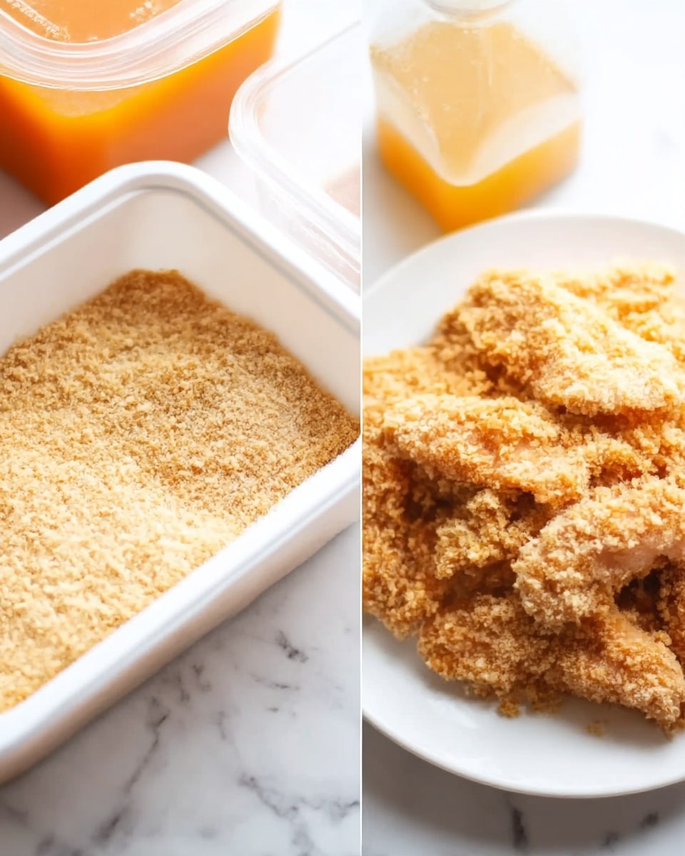 The image shows two close-up views of raw breaded chicken strips. On the left, chicken is in a white plastic container covered with a layer of light tan breadcrumbs with a rough, crumbly texture. Behind this container, there is a clear plastic container with a yellow-orange liquid and a nearby clear bottle with some sauce inside. On the right, a white plate holds a pile of chicken strips coated evenly with the same light tan breadcrumbs, giving the chicken a rough and slightly fluffy texture. The background is a white marbled texture. photo taken with an iphone --ar 4:5 --v 7