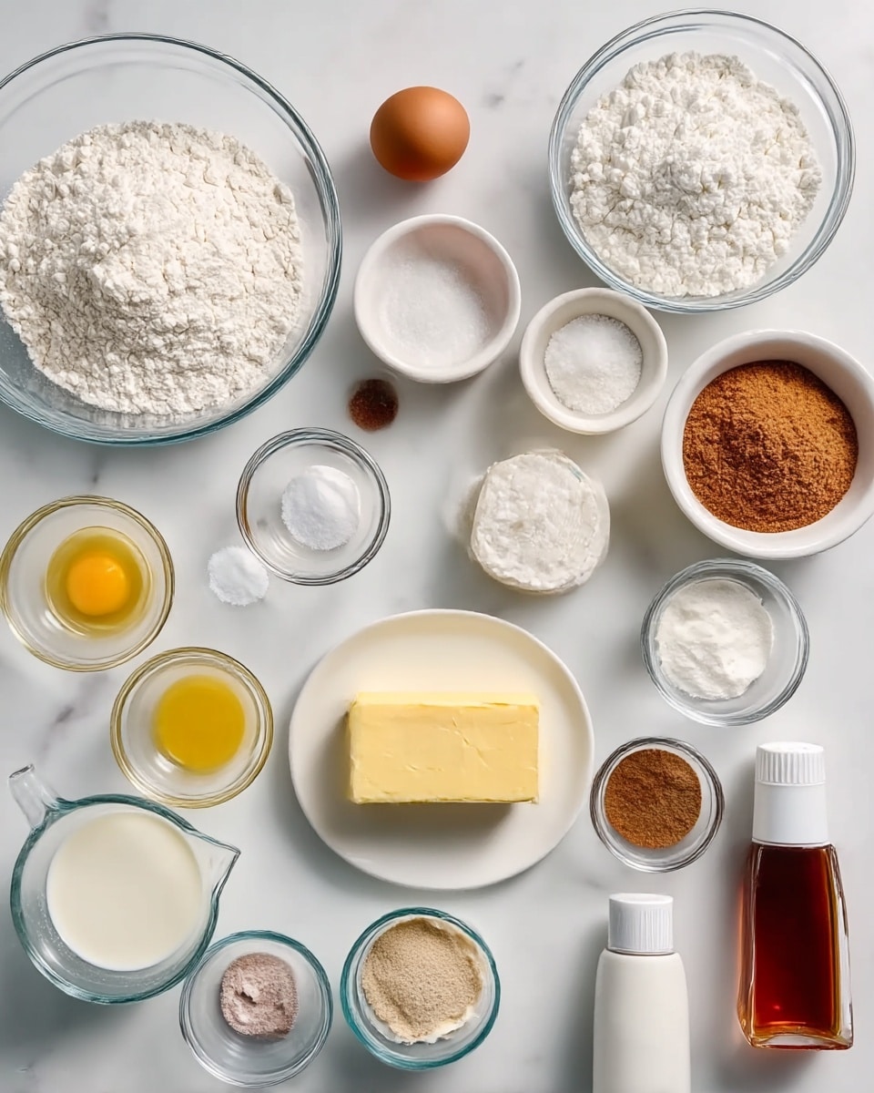 The image shows many small bowls and a measuring cup on a white marbled surface, each with different baking ingredients ready to use. From top left to right, there is a large clear bowl of white flour, a small white bowl with a brown egg, a white bowl with white powdery icing sugar, and a white bowl with brown sugar. Below, a small glass bowl with melted yellow butter, a tiny glass bowl with salt, a tiny glass bowl with baking soda, a tiny glass bowl with baking powder, and a medium white bowl with white sugar. Next, a white plate holds a rectangular block of pale yellow butter. Below, there is a clear measuring cup with milk, a small glass bowl with light brown spice, a medium glass bowl of white cream cheese mixture, an empty tiny glass bowl, and a white canister spray. Two small glass bowls with brown vanilla extract stand on the right side. The bowls and containers are neatly arranged showing the ingredients clearly on the white marbled surface photo taken with an iphone --ar 4:5 --v 7