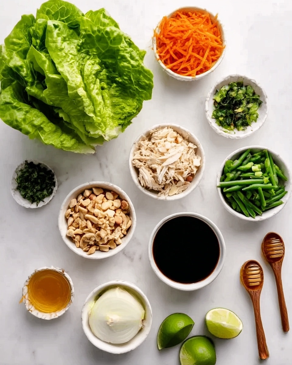The image shows fresh green butter lettuce at the top center, surrounded by small white bowls arranged neatly on a white marbled surface. The bowls contain shredded carrots (orange), sliced almonds (light brown), chopped herbs (dark green), shredded chicken (light beige), chopped green beans (bright green), minced garlic (off-white), and a slice of peeled white onion. Additionally, there are two lime wedges beside a small bowl of dark soy sauce at the bottom right, with small wooden spoons holding honey and a darker sauce placed near the bottom edge. photo taken with an iphone --ar 4:5 --v 7