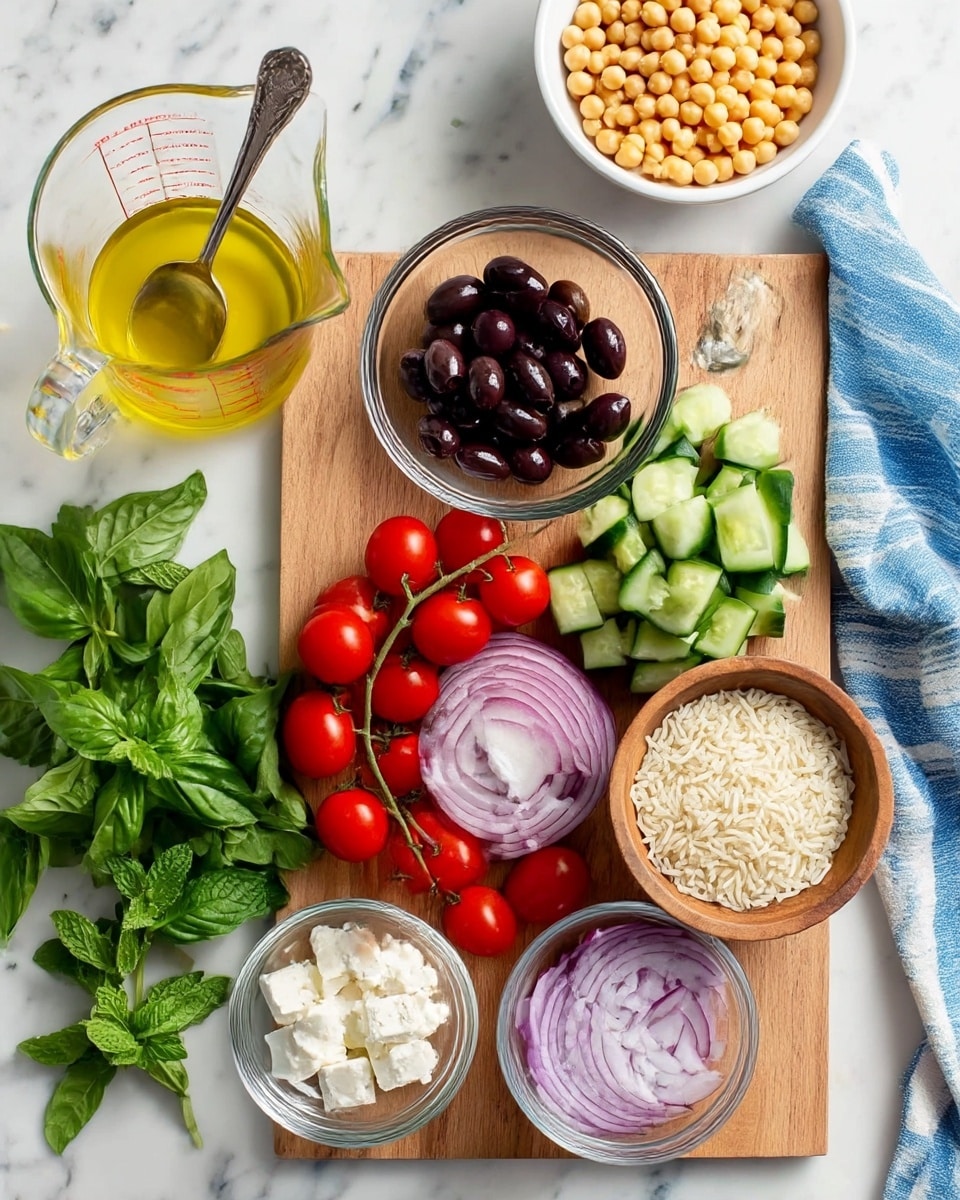 The image shows a wooden board on a white marbled surface holding several small bowls and fresh ingredients. There is a glass measuring cup with a yellow liquid and a spoon inside on the left side. Next to it is a small clear bowl with dark black olives. Below that is a cluster of red cherry tomatoes on the vine. In the center of the board are cut green cucumber pieces in a small pile. To the right is a small wooden bowl filled with uncooked rice. Below the rice is a small clear bowl with thinly sliced red onions. At the bottom left is another small clear bowl with white cheese cubes. Surrounding the board are fresh green basil and mint leaves, and to the right of the board is a folded blue and white striped cloth. A white bowl with yellow chickpeas is partly visible at the top right corner. Photo taken with an iphone --ar 4:5 --v 7