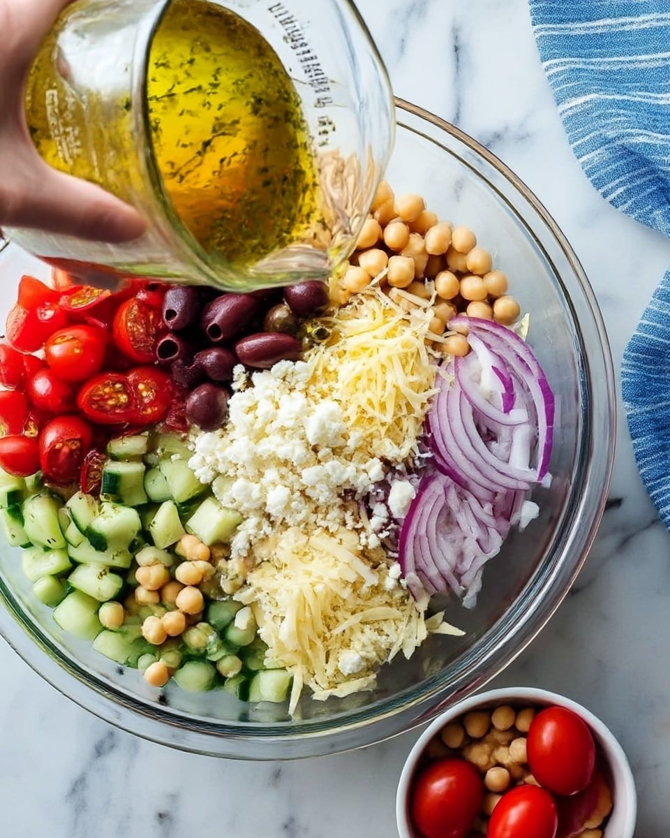 A large clear glass bowl holds a colorful layered salad on a white marbled surface. The bottom layer consists of chopped green cucumbers spread evenly, topped around the edges with beige chickpeas. In the bowl’s center, there are neat piles of white crumbled cheese and shredded light yellow cheese. Sliced dark purple olives line one section, next to thin slices of light purple onion. Bright red cherry tomato halves fill another area, adding vibrant color. A woman's hand is pouring a golden-yellow dressing with green herbs from a clear measuring cup into the bowl. Nearby, a small white bowl filled with chickpeas and two red tomatoes rest on the white marbled surface. A blue striped cloth is partially visible on the right. Photo taken with an iphone --ar 4:5 --v 7