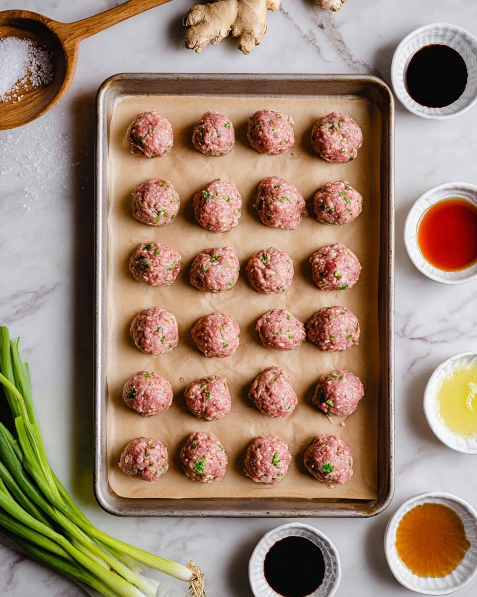 A baking tray lined with light brown parchment paper holds 24 raw meatballs arranged in a 6 by 4 grid. The meatballs are pink with small green herb pieces visible inside, giving texture and color variation. Around the tray on a white marbled surface, there are small white bowls filled with different liquids like dark soy sauce, light oil, and a red sauce. There are fresh green spring onions on the bottom left and a piece of ginger root near the bottom right. A woman's hand with a wooden spoon holding coarse salt is partly visible at the top left corner. photo taken with an iphone --ar 4:5 --v 7