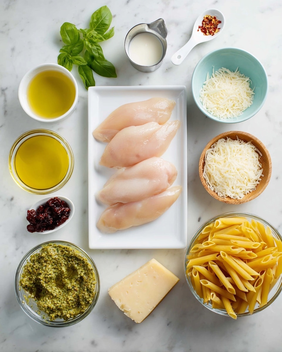 The image shows a white rectangular plate in the center with three smooth pale raw chicken fillets side by side. Around the plate are small white bowls and clear glass bowls arranged neatly on a white marbled surface. On the left, a glass bowl contains bright green pesto with a thick texture, above it is a glass bowl of clear yellow olive oil, and a white bowl with a small pile of dried herbs. Toward the top left is a metal measuring cup filled with creamy white liquid, next to fresh green basil leaves. Above the chicken plate is a small blue bowl filled with grated white cheese, next to a light wooden bowl of white salt and another light wooden bowl of ground dried herbs. A wedge of hard yellow cheese and a small white spoon with red chili flakes sit near the cheese. On the right, a white bowl holds uncooked yellow penne pasta, and below it, a glass bowl has dark sun-dried tomatoes. Photo taken with an iphone --ar 4:5 --v 7