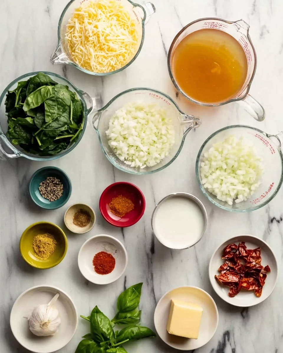 The image shows a white marbled surface with several clear measuring cups and small bowls arranged neatly. There are shredded pale yellow cheese in one cup, fresh green spinach leaves in another, and finely chopped white onions in a third cup. A larger cup holds golden brown broth. Small colorful bowls hold different ingredients: one with finely chopped garlic, one with yellow mustard, one with a greenish seasoning, one with bright red paprika, and one with white grated cheese. There is also a cube of pale yellow butter on a small white plate, sun-dried tomatoes on another white plate, fresh green basil leaves, and a cup of white liquid, likely cream. A woman's hand is gently touching one of the measuring cups. Photo taken with an iphone --ar 4:5 --v 7