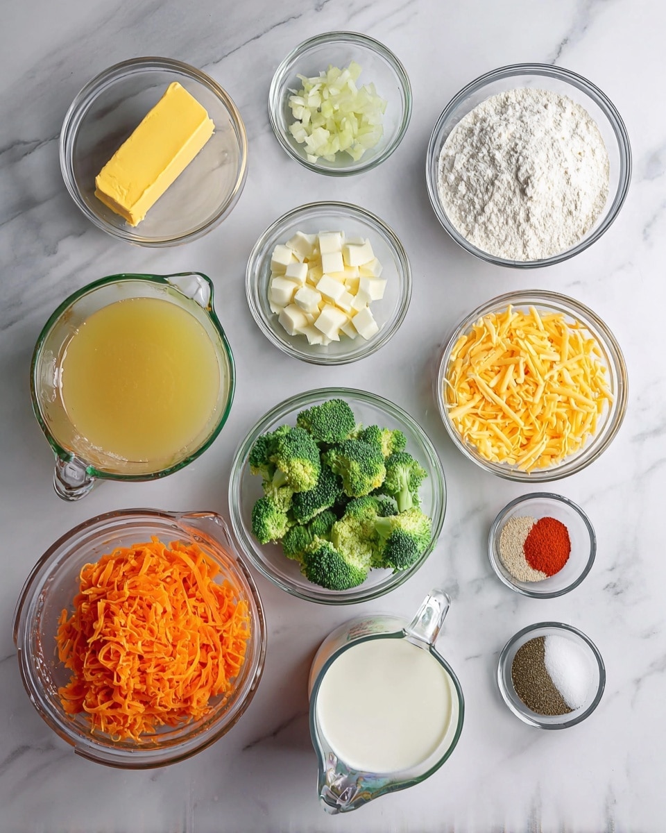 The image shows nine clear glass bowls and measuring cups arranged on a white marbled surface, each containing different ingredients. From top left to right, there is a bowl with a solid stick of yellow butter, a bowl with small white onion cubes, and a tiny bowl with minced garlic. Below them are a bowl with white flour, a medium clear glass measuring cup filled with light yellow chicken broth, and a large bowl filled with chopped fresh green broccoli. Below are a bowl filled with shredded orange carrots, a clear measuring cup with white milk, and a bowl with shredded yellow smoked gouda cheese. Lastly, to the right of the cheese bowl, there is a small silver bowl holding seasoning powders in red, white, and black. All bowls are set on the white marbled surface in a neat layout. Photo taken with an iphone --ar 4:5 --v 7