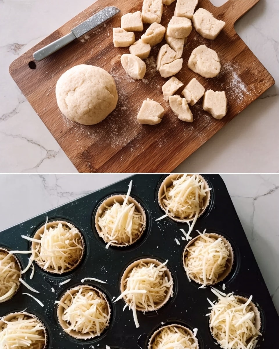 The first part of the image shows a wooden board on a white marbled surface with many small pieces of light beige dough and one round piece of dough next to a small knife. The second part shows a black muffin tray on the same white marbled surface, filled with pieces of dough at the bottom of each cup and topped with shredded pale yellow cheese. The dough pieces and cheese create a layered look inside each cup. photo taken with an iphone --ar 4:5 --v 7