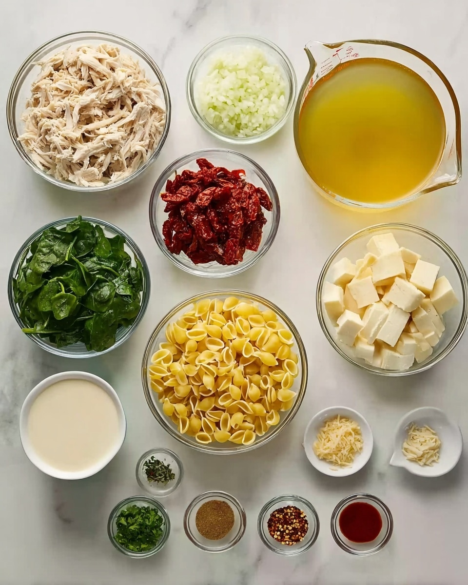 The image shows several clear glass bowls and two measuring cups filled with different food ingredients arranged neatly on a white marbled surface. Starting from the top left, a bowl contains shredded cooked chicken in light beige tones, next to it is a bowl of finely chopped white onions, and a measuring cup filled with golden yellow broth sits beside them. Below, a bowl holds red sun-dried tomatoes, while next to it is a smaller bowl of pale grated cheese. Beside that, there is a bowl filled with small yellow shell pasta, and another bowl filled with bright green chopped spinach. To the side, there is a bowl with white cubed cheese. In front of these, small portions of various spices and herbs, including a tiny bowl with red pepper flakes, a small mound of brown powder, a heap of chopped green herbs, minced garlic, and a few more spices are laid out. Another measuring cup holds creamy white liquid, and a small bowl contains dark red tomato paste. The composition is clean and organized, with each ingredient clearly visible. Photo taken with an iphone --ar 4:5 --v 7