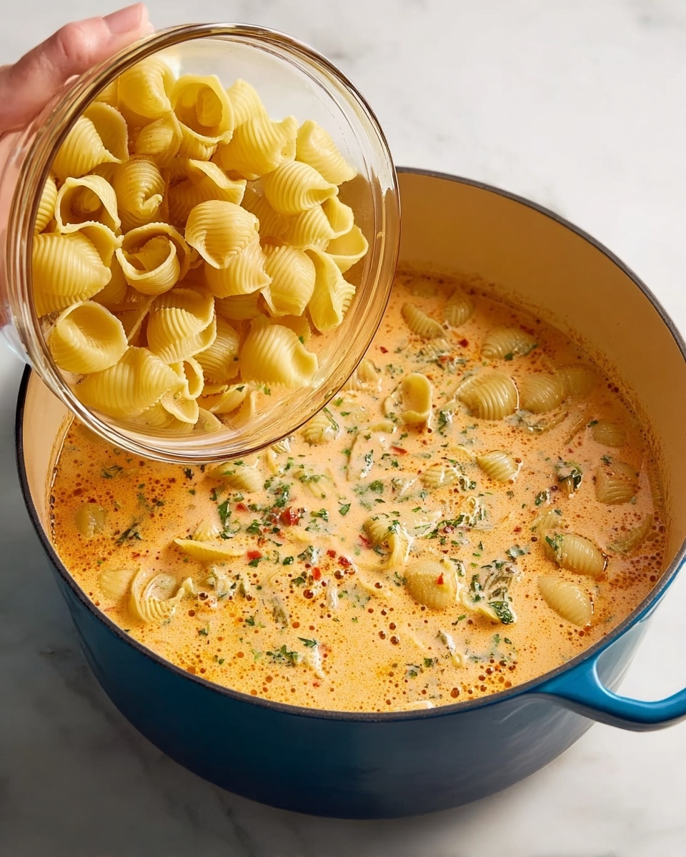 A large blue pot filled with creamy soup that has a light orange color with visible green herbs and small bits of red inside it, creating a mixed, textured surface with bubbles from cooking. A woman's hand is holding a clear bowl tilted above the pot, pouring uncooked yellow shell pasta into the soup. The entire scene is set on a white marbled surface. photo taken with an iphone --ar 4:5 --v 7
