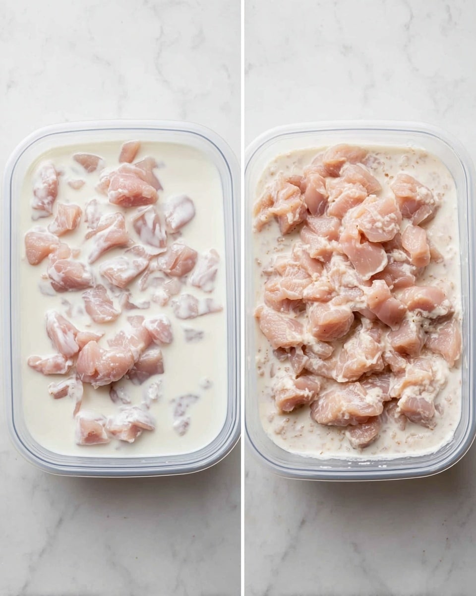 A clear plastic container filled with small pale pink pieces of raw meat sitting in a white creamy liquid, with the liquid partially covering the meat on the left image. In the right image, the meat pieces are fully mixed into the white creamy liquid, showing an even texture with small meat pieces spread evenly throughout. Both containers sit on a white marbled surface. photo taken with an iphone --ar 4:5 --v 7