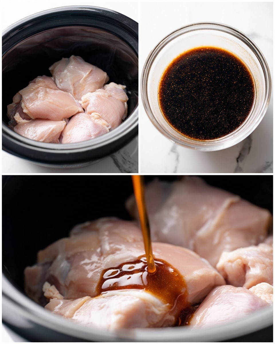The image shows three views of raw chicken thighs and a dark marinade. The top left shows several pale pink chicken thighs layered inside a black slow cooker. The top right shows a clear white bowl filled with a dark brown, almost black liquid with a smooth texture and a thin orange edge near the bowl's rim. The bottom view shows the dark liquid being poured over the chicken thighs in the slow cooker, with some liquid splashing on the pale pink chicken, creating shiny wet spots. The surface under all this is a white marbled texture photo taken with an iphone --ar 4:5 --v 7