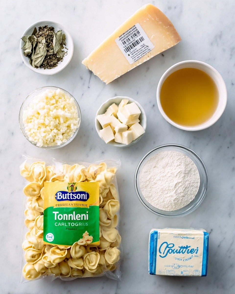 The image shows a white marbled surface with several ingredients arranged neatly. At the center bottom, there is a clear plastic bag of cheese tortellini with a green and yellow Buitoni label showing the pasta inside. To the top left, a small white dish holds dried basil leaves, and next to it on the right is a wedge of Parmesan cheese with a barcode sticker. On the top right, a white bowl is filled with golden chicken broth. Below that, a small white dish contains minced garlic, and to its left, a clear glass bowl is filled with white cornstarch powder. At the bottom right, a small white cube of butter with blue text packaging lies near the other ingredients. All items are placed on the white marbled surface, arranged to show each element clearly. photo taken with an iphone --ar 4:5 --v 7