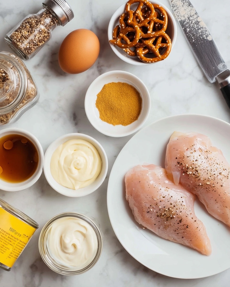 Two raw chicken pieces with black pepper are placed on a white plate on the right side of the image. Surrounding the plate, on a white marbled surface, are small white bowls holding different ingredients: a bowl of small pretzels above, a bowl of mustard below, a dollop of mayonnaise in another bowl to the top middle, and a bowl with white creamy sauce at the bottom middle. To the left are an egg, a glass jar with a brown substance, a yellow-labeled spice container laying on its side, and a knife with a thick white powder on its blade. A pepper grinder is placed at the top right corner. Photo taken with an iphone --ar 4:5 --v 7