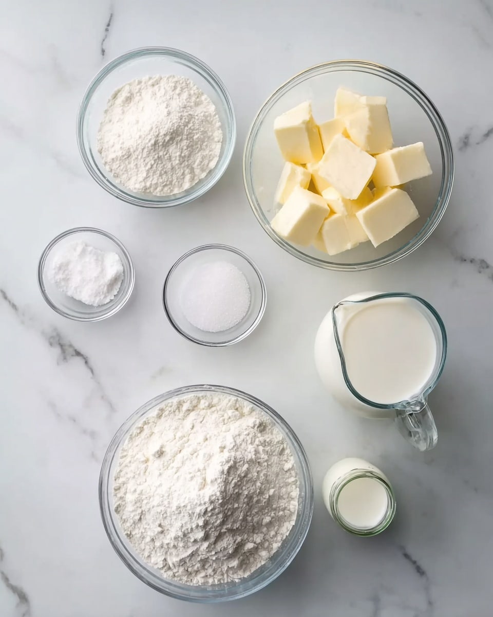 The image shows six clear glass bowls and containers arranged on a white marbled surface. One large bowl is filled with white flour, placed near the bottom right. To its left is a smaller bowl with white powder, likely baking powder, and another small bowl with salt. Above these is a medium bowl filled with several chunks of pale yellow butter. To the right of the butter is a clear glass measuring cup with white milk, and next to the flour bowl is a small jar containing a white liquid, possibly cream or buttermilk. The overall setting is bright and clean, with each ingredient clearly visible against the white marbled background photo taken with an iphone --ar 4:5 --v 7