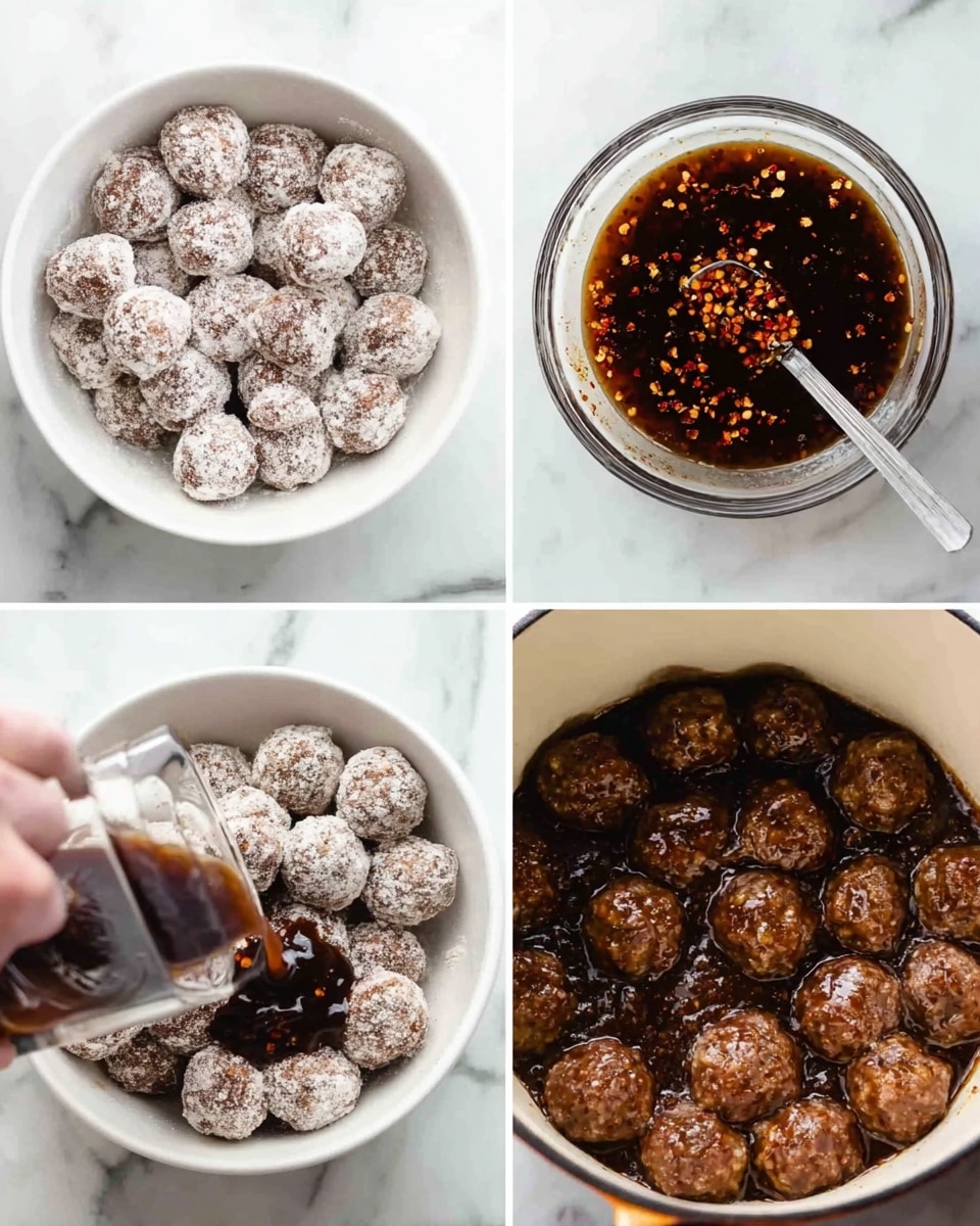 The image shows four steps of making sauced meatballs on a white marbled surface. The first section displays a white bowl filled with many round meatballs covered lightly in flour, giving them a powdery texture. The second section focuses on a small clear glass bowl containing a dark brown sauce mixed with visible crushed red chili flakes and a spoon inside. The third section captures a woman's hand pouring the same dark brown sauce over the flour-coated meatballs in a white bowl, the sauce appearing thick and glossy with bits of spices. The last section shows a white cooking pot full of meatballs now coated in the dark sauce, looking shiny and slightly sticky as they sit close together. photo taken with an iphone --ar 4:5 --v 7