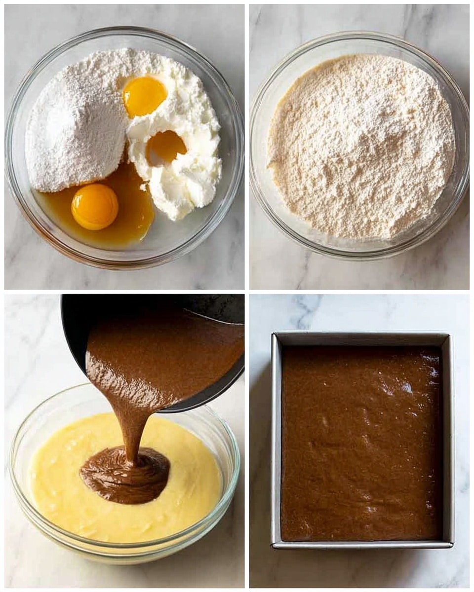The four images show the process of mixing and preparing cake batter on a white marbled surface. The first image has two clear glass bowls, one filled with white flour and the smaller one containing two raw eggs with yellow yolks, white sour cream, and a brown liquid ingredient. The second image shows the baking batter being poured in pale yellow color into the large bowl with white flour, centered in the bowl. The third image captures a darker brown batter being poured from a black pan into the pale yellow batter in the large glass bowl, combining the two layers together. The fourth image shows the smooth dark brown mixed batter spread evenly in a rectangular metal baking pan ready for baking. Photo taken with an iphone --ar 4:5 --v 7