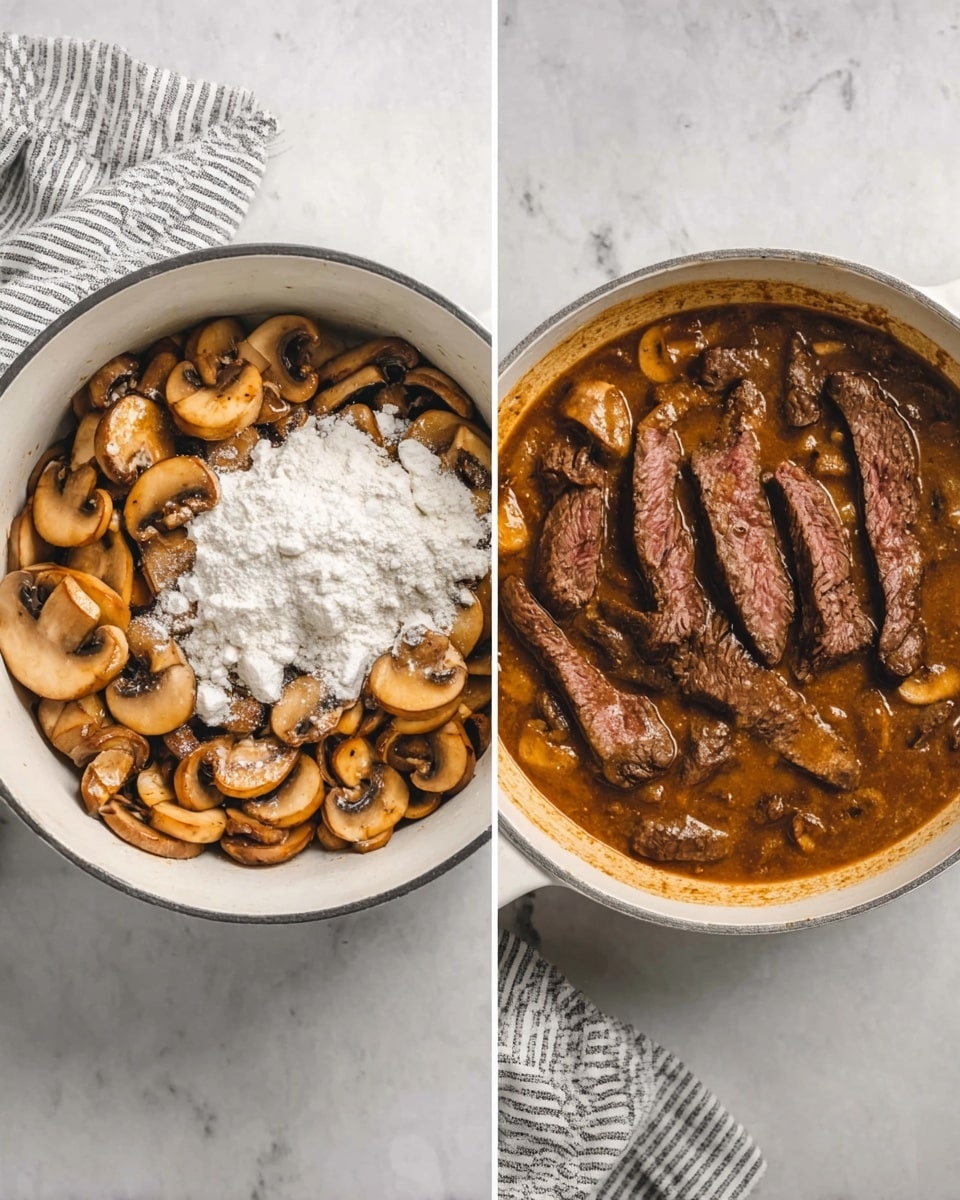 The image shows two white pots with food inside, both placed on a white marbled surface. The pot on the left contains cooked sliced mushrooms that are light brown with darker browned edges, spread evenly across the base of the pot with a pile of white flour dusted in the center on top of the mushrooms. The pot on the right contains a thick brown sauce with sliced mushrooms visible throughout, topped with several strips of cooked beef that are dark brown with slightly pinkish centers, arranged roughly in the middle. A folded white and gray striped cloth is placed next to both pots. Photo taken with an iphone --ar 4:5 --v 7