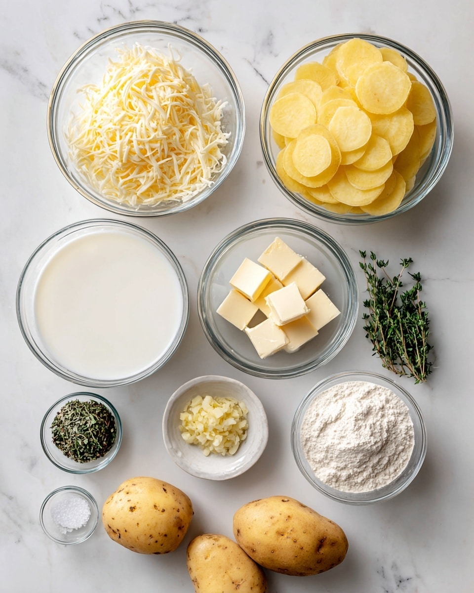 The image shows several clear glass bowls with different ingredients neatly placed on a white marbled surface. The largest bowl at the top right is filled with thin yellow potato slices arranged flat. To its left is a medium bowl filled with finely shredded pale yellow Parmesan cheese. Below that, a large bowl holds white milk, smooth and full. In the center, a small bowl contains three pale yellow butter chunks. On the right side, a small bowl has white flour with a powdery texture. Another small bowl next to it holds fresh green thyme leaves. Below these, a small bowl contains minced light yellow garlic. There is also a tiny bowl with a mix of black pepper and white salt. Around the bowls, there are three whole yellow potatoes on the white marbled surface. photo taken with an iphone --ar 4:5 --v 7