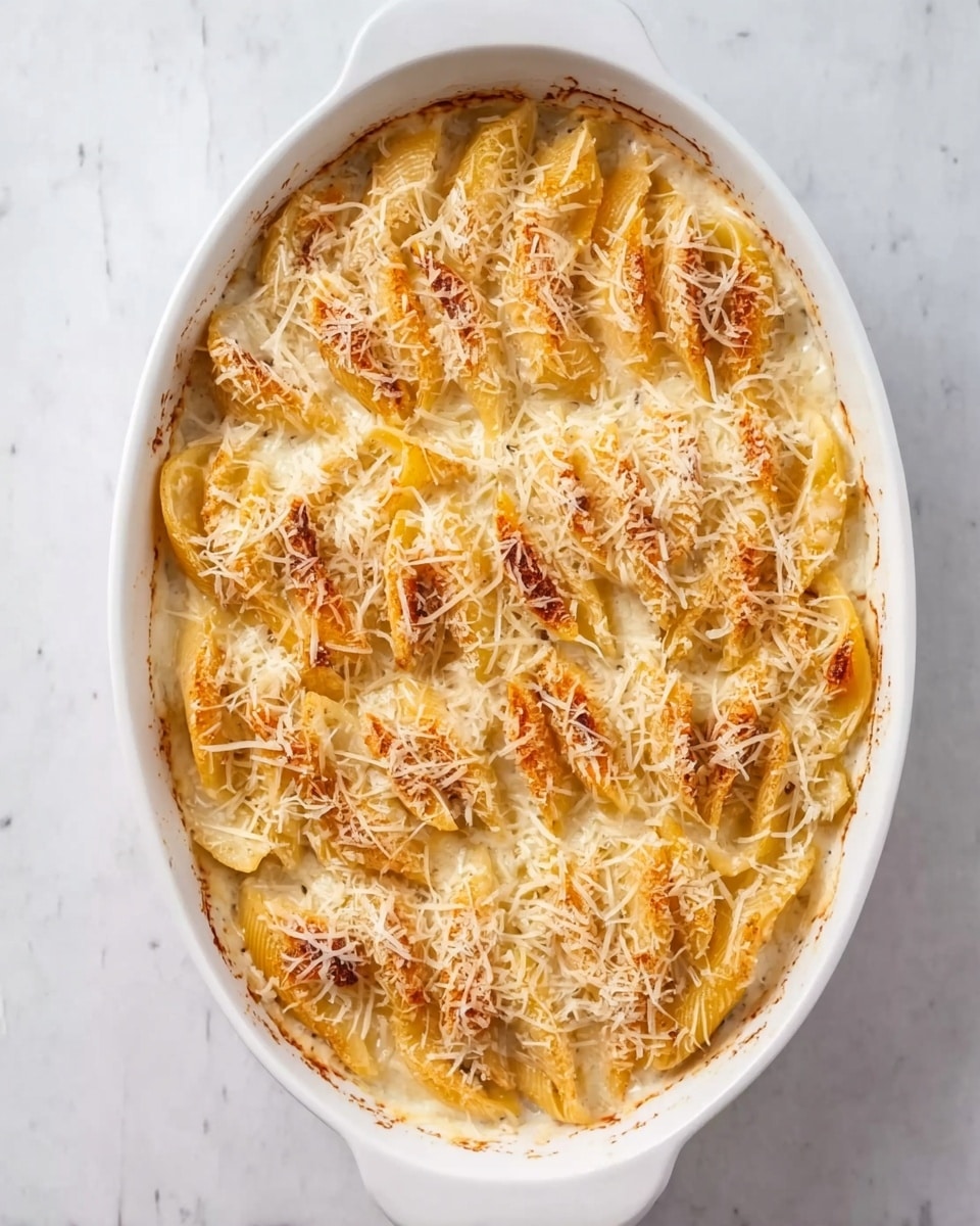 The image shows a white oval dish filled with a layered baked pasta dish, arranged in two neat rows. The top layer features golden, slightly crispy pasta pieces sprinkled evenly with light-colored grated cheese. The cheese is distributed in thin shreds, allowing the creamy sauce beneath to peek through. The dish sits on a white marbled surface, creating a clean and simple background. The edges of the pasta are visible, showing a soft, slightly browned texture. Photo taken with an iphone --ar 4:5 --v 7