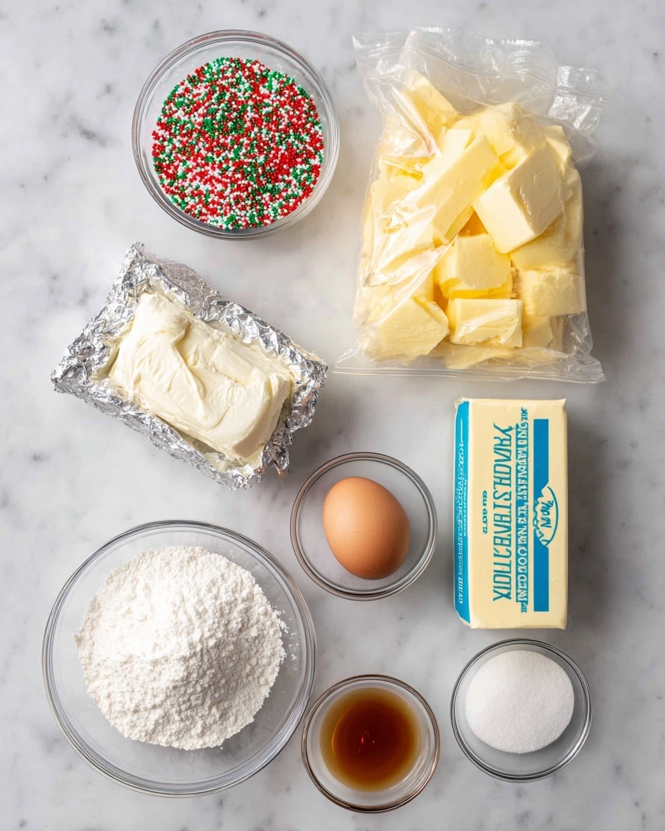 This image shows seven ingredients arranged on a white marbled surface. In the top left is a small clear bowl filled with red, green, and white sprinkles. To its right is a clear plastic bag filled with a yellow powder labeled yellow cake mix. Below the sprinkles is a partially unwrapped piece of cream cheese with silver foil. To its right is a rectangular stick of butter with blue text. Below the butter is a small clear bowl holding a whole brown egg. Below the egg is a small clear bowl with light brown vanilla extract. Finally, at the bottom left is a clear bowl filled with white powdered sugar. All items are evenly spaced and visible from above. photo taken with an iphone --ar 4:5 --v 7