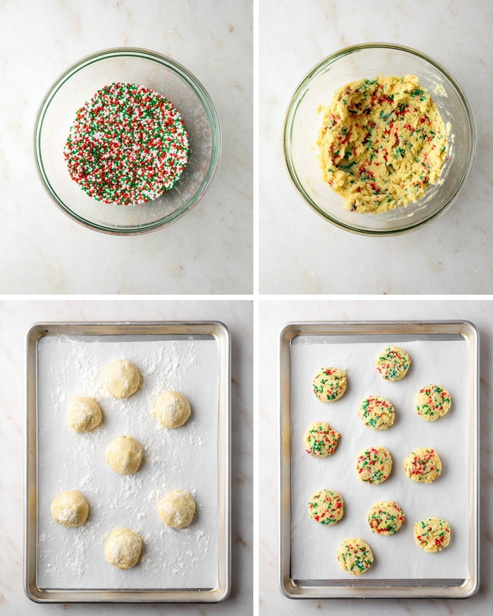 The image shows four stages of making colorful cookies on a white marbled surface. In the top left, a clear glass bowl holds pale yellow dough with colorful red, green, and white sprinkles piled in the center. In the top right, the dough is fully mixed, speckled with red, green, and white sprinkles throughout the pale yellow base. At the bottom left, a white baking tray lined with parchment paper has twelve round dough balls dusted lightly with flour, evenly spaced in a 3 by 4 grid. At the bottom right, the same tray shows the dough balls pressed flat into round cookie shapes with colorful sprinkles visible on the surface, ready to be baked. photo taken with an iphone --ar 4:5 --v 7