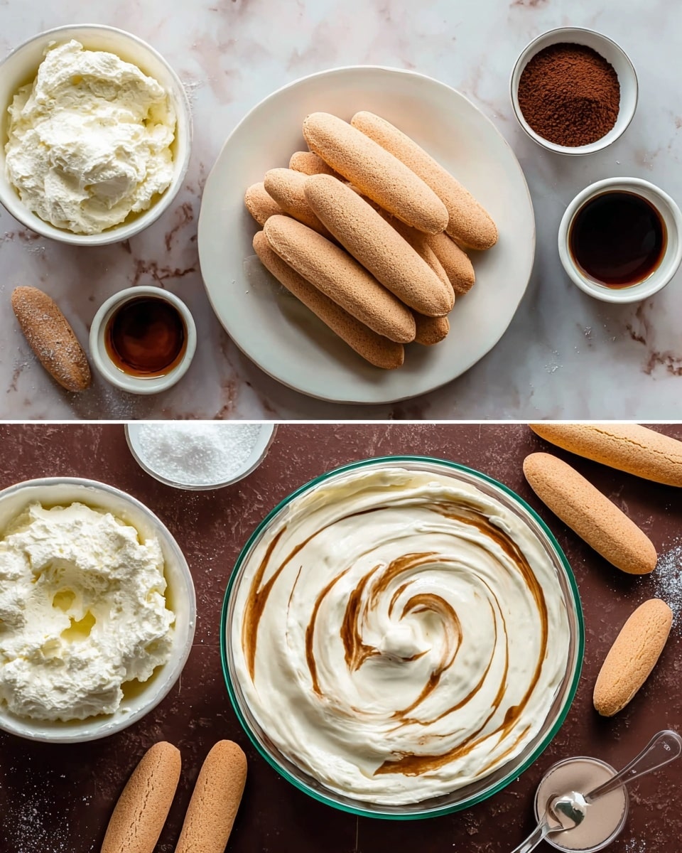 The image shows a top view of ingredients for a dessert arranged on a white marbled surface. In the first part, a white bowl filled with light, fluffy cream sits to one side, while a round white plate stacked with light brown, sponge-like ladyfinger biscuits is in the center. Small white bowls contain cocoa powder and a dark brown liquid, likely coffee or syrup, and some white whipped cream. The right part of the image shows a glass bowl filled with smooth, creamy white mixture swirled with streaks of brown syrup or coffee. Several ladyfinger biscuits are placed around the bowl and plate, with a clear focus on the creamy texture and light biscuit colors. Photo taken with an iphone --ar 4:5 --v 7