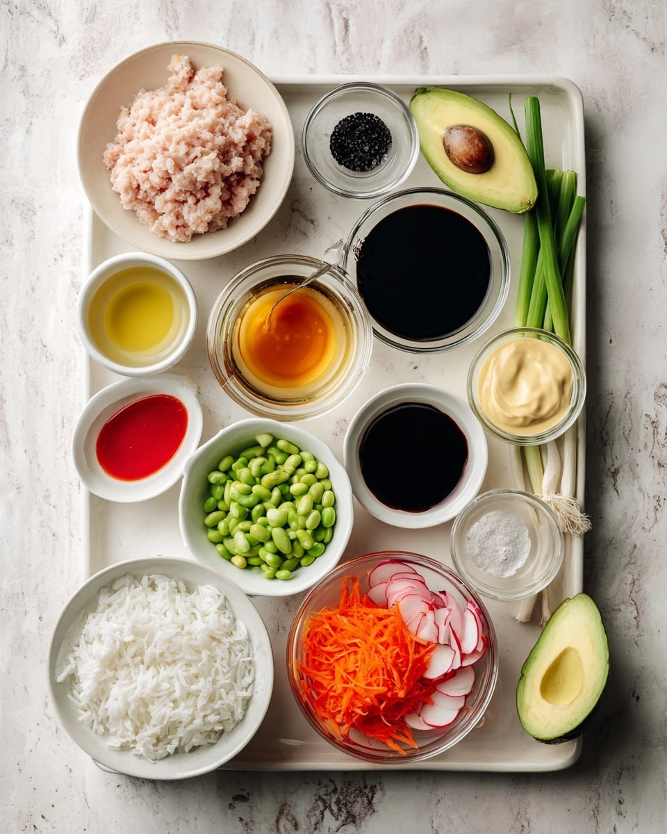 The image shows a flat lay of various cooking ingredients neatly arranged on a white marbled surface. At the top center is a rectangular white tray filled with light pink ground turkey. Below it, small white bowls and glass bowls hold different ingredients: black soy sauce, amber sesame oil, golden honey, red sweet chili sauce, dark red sriracha, white rice vinegar, and creamy light yellow mayo. There are also small piles of white spices in one bowl, bright green edamame in another, and a bowl of colorful topping ideas with shredded orange carrots, sliced red radishes, and sliced green cucumbers. At the bottom left, a clear glass bowl is filled with white rice, and a whole dark green avocado sits next to it. A few cloves of garlic and a couple of green onion stalks lie on the surface between the bowls. The labels for each ingredient are placed in black and white text directly on or near the items. Photo taken with an iphone --ar 4:5 --v 7