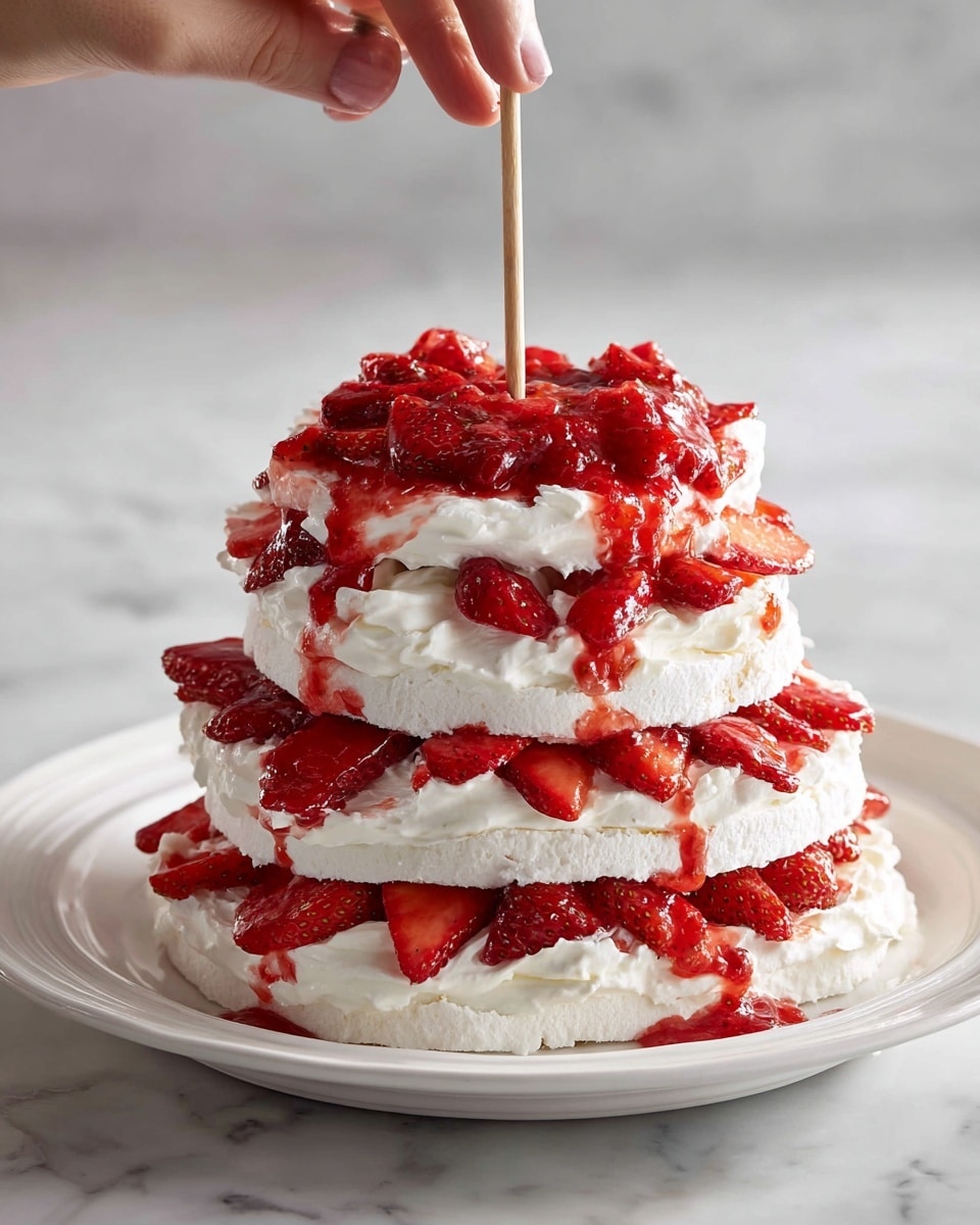 The dish is a layered dessert starting with a base of white creamy whipped cream spread in a circular shape on a white plate, with a woman's hand spreading it. On top, sliced red strawberries are placed evenly, with a woman's finger gently pressing them down. Over the strawberries, a bright red strawberry sauce with chopped strawberries is spooned generously. Another layer of white whipped cream is spread on top, covering the sauce. A wooden skewer is inserted vertically through the center to hold the layers. The second layer is added above the first, repeated with cream, strawberry slices, and sauce, then covered again with cream, forming a tall, three-layered stack. The final surface has a smooth, creamy look with visible strawberry pieces peeking through, all placed on a white marbled surface. photo taken with an iphone --ar 4:5 --v 7