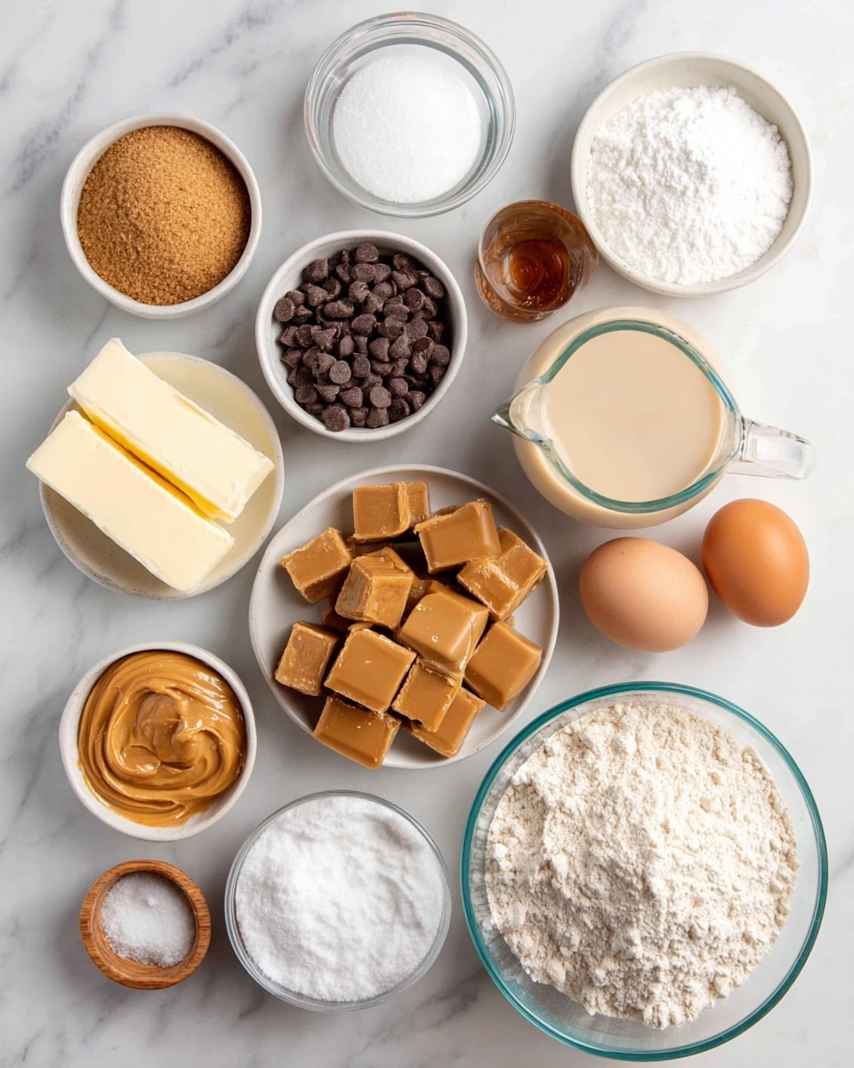 The image shows a white marbled surface with various baking ingredients arranged neatly. There are small white bowls filled with white sugar, brown sugar, chocolate chips, and flour, each bowl smooth and round. A medium clear glass measuring cup holds light beige evaporated milk, and a glass bowl contains square caramel pieces in light brown. Two white eggs sit next to a small white bowl holding golden-yellow vanilla extract. Two sticks of pale yellow butter lie side by side, while small wooden bowls hold white salt and a light powdery baking soda. A small white bowl contains smooth, light brown peanut butter, completing the arrangement. photo taken with an iphone --ar 4:5 --v 7