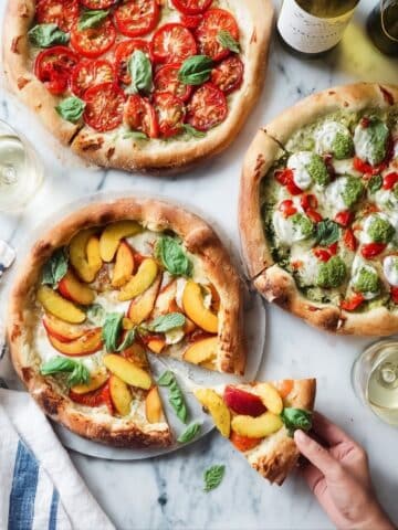 Homemade Pizza with Fresh Mozzarella, Peaches, and Roasted Red Pepper Pesto Recipe