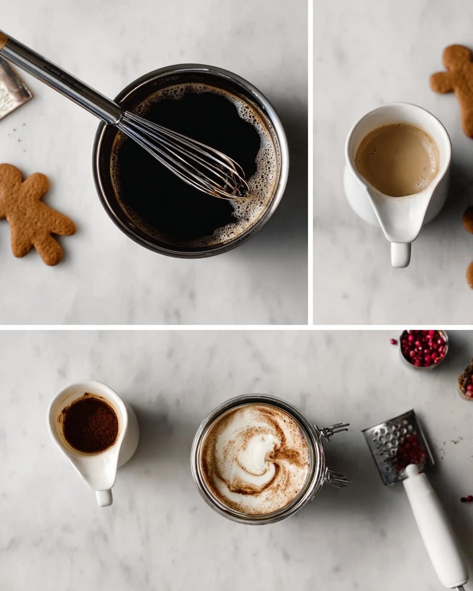 The first image shows a small silver pot with dark liquid and a whisk resting inside, positioned on a white marbled surface. The second image has a white small pitcher containing light brown frothy liquid with a white hand blender beside it, and a few brown gingerbread cookies in the background on the same white marbled surface. The third image includes a jar filled with dark coffee, topped with light cream swirls, a small white cup with some dark coffee inside, a silver grater, and three gingerbread cookies near the top, all set on the white marbled surface. photo taken with an iphone --ar 4:5 --v 7