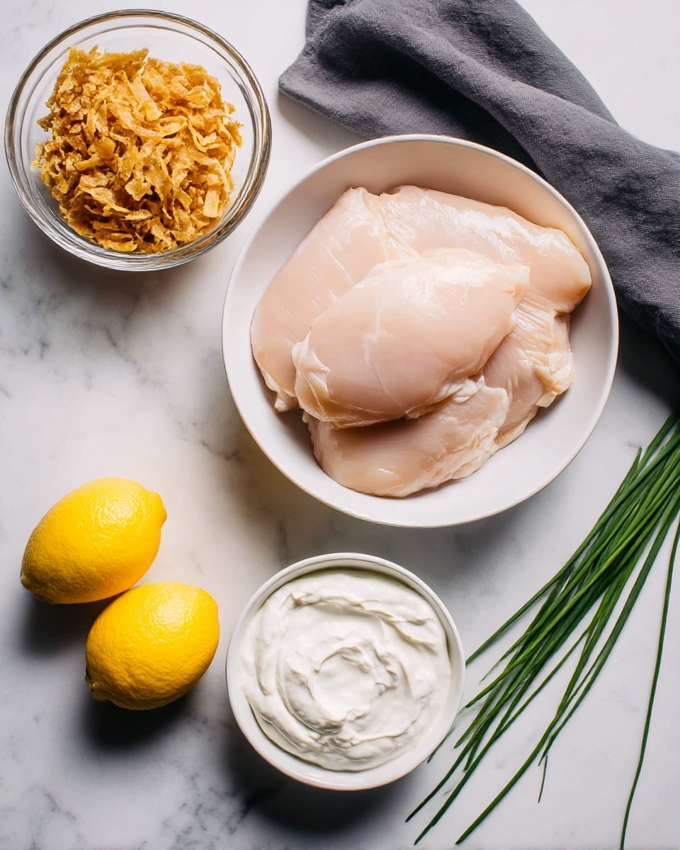 A white bowl on a white marbled surface holds three large, raw, pale pink pieces of chicken. To the left and slightly below the bowl is a small clear glass bowl filled with crispy golden-brown fried onions, showing a crunchy texture. Below that is another white bowl filled with smooth, thick white cream or yogurt, spread evenly. Near the bowls are two bright yellow lemons with a smooth surface and some thin green chives lying to the right, showing long, straight, slender stalks. A dark gray cloth is placed in the upper right corner. Photo taken with an iphone --ar 4:5 --v 7