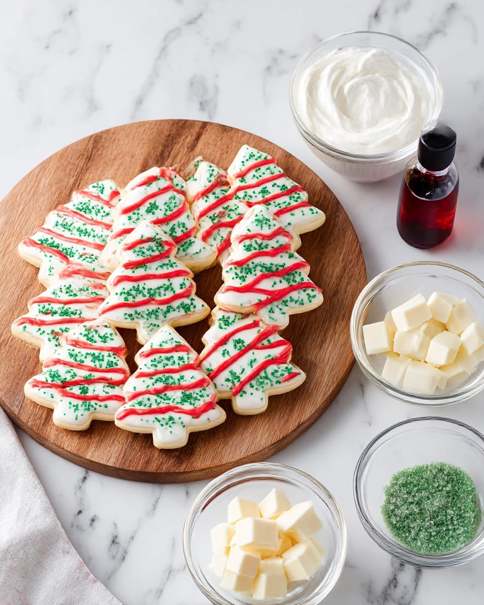 A round wooden board holds nine Christmas tree-shaped cookies arranged loosely in a pile. Each cookie has a base layer of white icing and is decorated with bright red wavy lines and small green sugar sprinkles evenly spread over the surface. Below the board, on a white marbled surface, there are three clear glass bowls: one with smooth white cream, one filled with chunks of white chocolate, and one containing coarse green sugar crystals. A small dark bottle of red food coloring is placed to the right of the board. Photo taken with an iphone --ar 4:5 --v 7