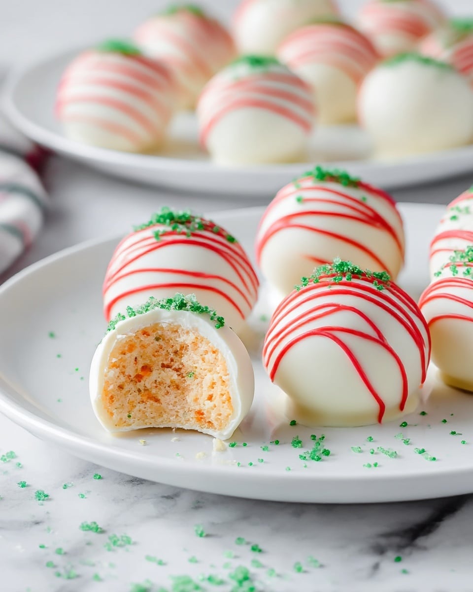 The image shows a white plate with eight round sweet balls, each coated in smooth white chocolate. Each ball is decorated with thin, curved red icing lines across the top, and sprinkled with small green sugar crystals. One of the balls on the front left side has a bite taken out, revealing a light orange, slightly crumbly inside with small green pieces. The plate is placed on a white marbled surface, with extra green sugar crystals scattered around. There is a blurred white plate with more similar sweet balls in the background. Photo taken with an iphone --ar 4:5 --v 7