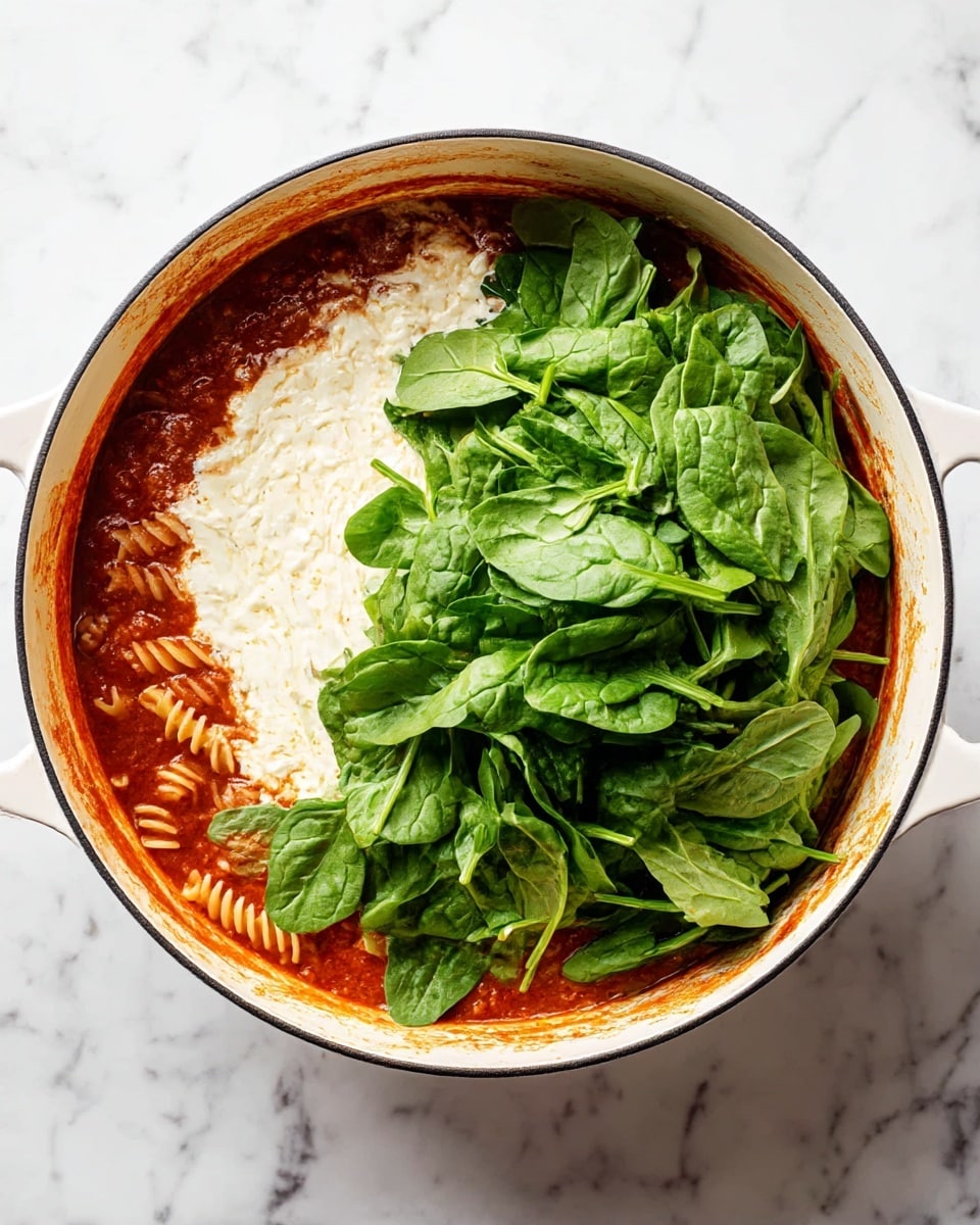 A white pot filled with three main layers is shown from above on a white marbled surface. The bottom layer is a thick, rich red sauce mixed with small pieces of spiral pasta visible on the left side. On top of the sauce, there is a creamy white layer that spreads unevenly across the left half of the pot, blending slightly into the red sauce. The top layer consists of a large pile of fresh, vibrant green spinach leaves, covering the right half of the pot. The pot has two handles on each side, and some sauce stains are visible around the inner rim. Photo taken with an iphone --ar 4:5 --v 7