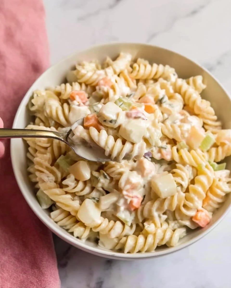 This image shows a close-up of a white bowl filled with spiral pasta coated in a creamy white sauce. Small cubes of orange and white vegetables, possibly carrots and potatoes, are mixed throughout the pasta, along with thin slices of green celery. The texture of the pasta looks smooth and soft, while the sauce appears thick and rich. A woman's hand is shown holding a spoon, lifting some pasta from the bowl. The bowl is placed on a white marbled surface with a pink cloth visible at the edge. photo taken with an iphone --ar 4:5 --v 7