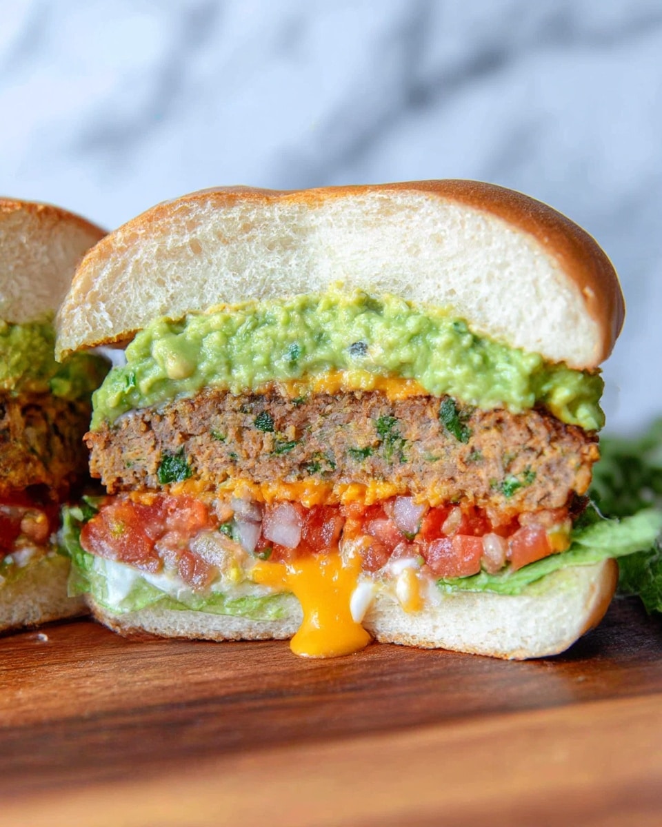 A close-up of a sandwich cut in half showing four layers inside a soft, light brown bun. The top layer inside the bun is green guacamole with a chunky texture. Below it is a thick, brownish patty with visible green herbs. Next is a layer of melted orange cheese dripping slightly on the sides. Underneath, there are slices of red tomato mixed with bits of white sauce and some green lettuce resting at the bottom on the bun. The sandwich is placed on a wooden surface with a blurred white marbled background. Photo taken with an iphone --ar 4:5 --v 7