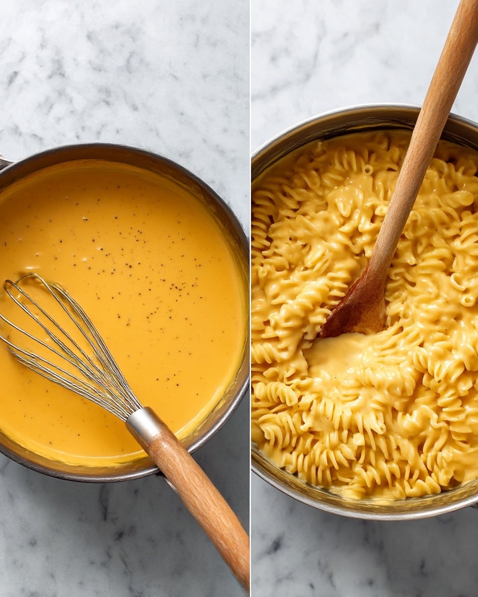 The image shows two parts of making macaroni and cheese side by side. On the left is a pot filled with smooth, thick, bright orange cheese sauce with tiny specks of black pepper, and a wooden-handled whisk resting in the pot. On the right is the same pot now filled with cooked macaroni pasta fully covered in the cheese sauce, creating a chunky, creamy texture with the spiral-shaped pasta clearly visible, and a wooden spoon partially submerged in the cheesy pasta mix. Both pots are placed on a white marbled surface. Photo taken with an iphone --ar 4:5 --v 7