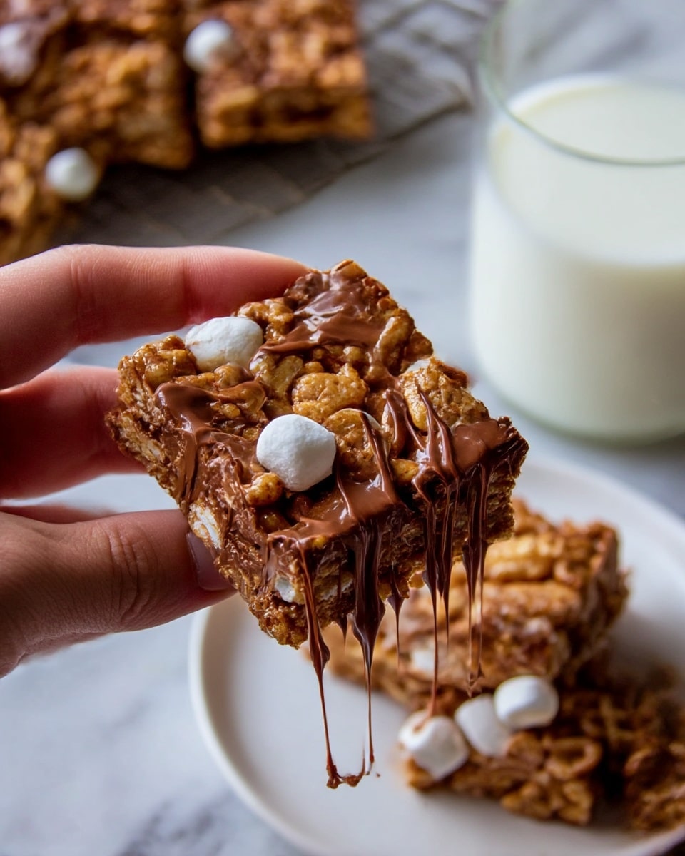 A close-up shows a woman's hand holding a square-shaped snack bar made of crispy cereal pieces mixed with melted chocolate, which stretches in thin strings between the pieces, dotted with small white marshmallows. The background features a white plate with more snack bars on a white marbled surface and a glass of milk half-filled with white liquid beside it. The cereal pieces have a light brown color with a crunchy texture, and the glossy melted chocolate binds them all together, creating a rich, sticky look photo taken with an iphone --ar 4:5 --v 7