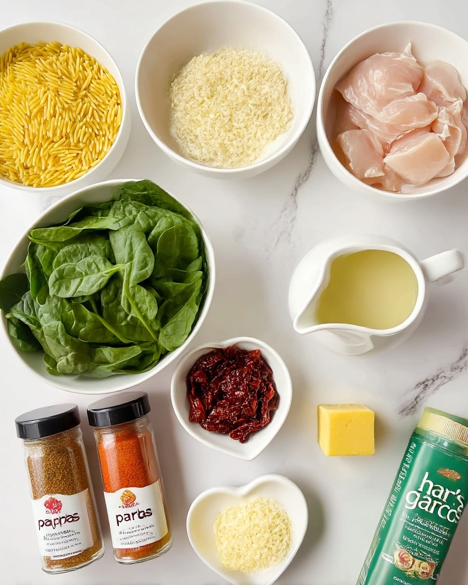 The image shows several small white bowls and containers arranged on a white marbled surface. Starting from the top left, a white bowl is filled with yellow orzo pasta, next to it on the right is another white bowl holding pale pink raw chicken pieces. Below the orzo pasta bowl, a larger white bowl is filled with fresh green spinach leaves. In the center, a small white bowl contains dark red sun-dried tomatoes. To the right of this bowl, a white cream pitcher holds a light yellow liquid. Below the sun-dried tomatoes bowl, there is a small white cup with grated light yellow cheese. At the bottom left, two spice jars labeled