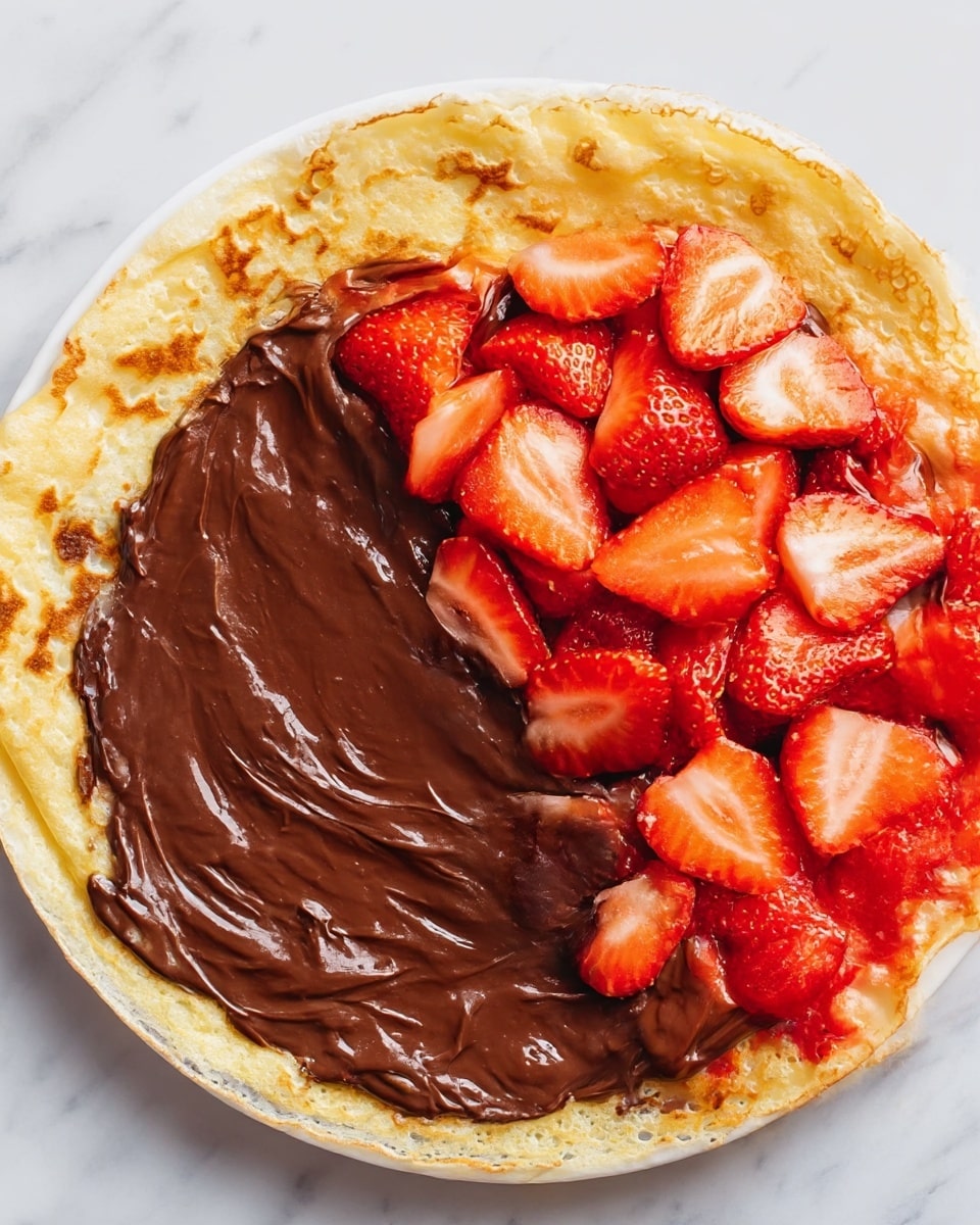 A golden crepe lies flat on a white plate, placed on a white marbled surface. The first layer is the crepe itself, light yellow with browned spots and a slightly crispy edge. Over half of the crepe is covered with a thick, smooth, dark brown chocolate spread, showing some shiny texture from being freshly spread. In the second image, fresh strawberry halves, bright red with white inner flesh and tiny seeds, are neatly placed on top of the chocolate spread on the crepe, creating a colorful contrast. The strawberry pieces vary in size and are arranged spread out to cover all the chocolate. photo taken with an iphone --ar 4:5 --v 7