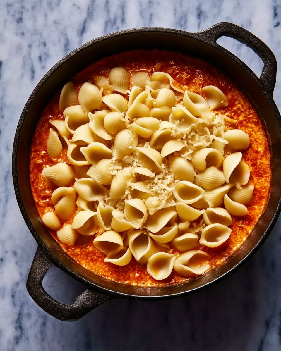 A black cast iron pot filled with two layers: the bottom layer is a bright, rich orange-red sauce with a slightly bubbly texture, and on top, a pile of pale yellow, uncooked pasta shells spread evenly, some slightly lifted by the sauce below. The pot sits on a white marbled surface with soft natural light highlighting the colors and textures. photo taken with an iphone --ar 4:5 --v 7