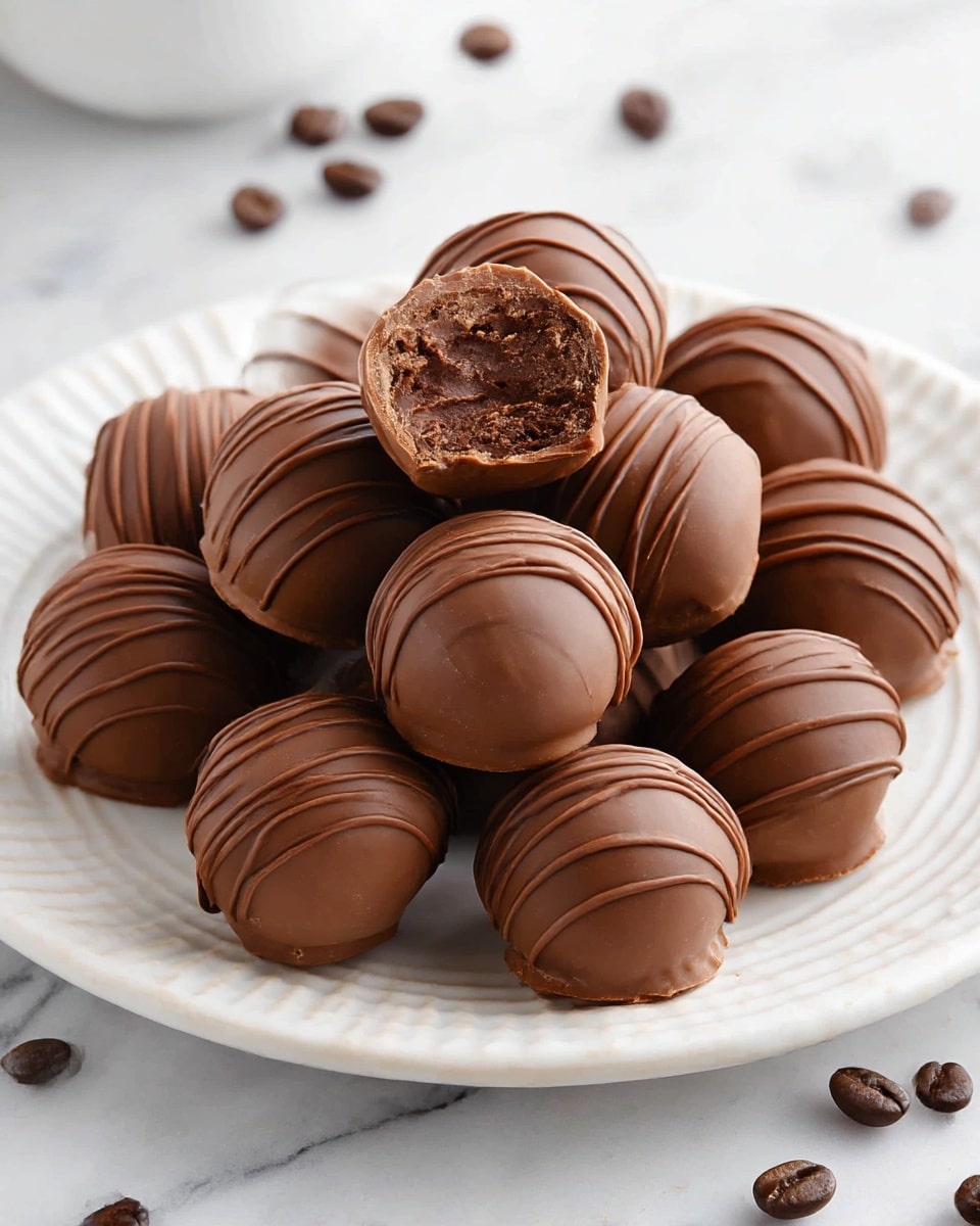 A white plate with a rim of ridged texture holds about a dozen round chocolate truffles. Each truffle is smooth milk chocolate with thin milk chocolate lines drizzled on top. One truffle is on top of the pile, showing its inside with a soft, thick, darker chocolate filling surrounded by a slightly thinner outer layer. Around the plate, a few coffee beans are scattered on a white marbled surface. photo taken with an iphone --ar 4:5 --v 7