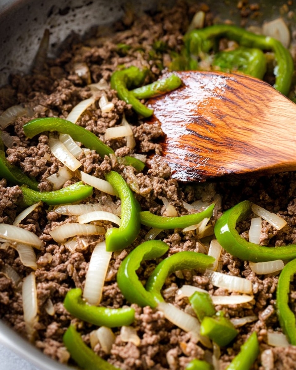 This image shows a close-up of cooked ground beef mixed with cooked onion slices and bright green bell pepper strips in a metal pan. The beef is brown and crumbly, spread evenly over the pan's bottom. The onion pieces are soft, translucent, and light white color, scattered throughout the beef. The green bell peppers have a shinier texture and add a pop of color among the other ingredients. A wooden spatula is resting on top of the mixture, with a shiny, smooth surface and visible wood grain. The photo is clear and detailed, capturing the textures and colors well. Photo taken with an iphone --ar 4:5 --v 7