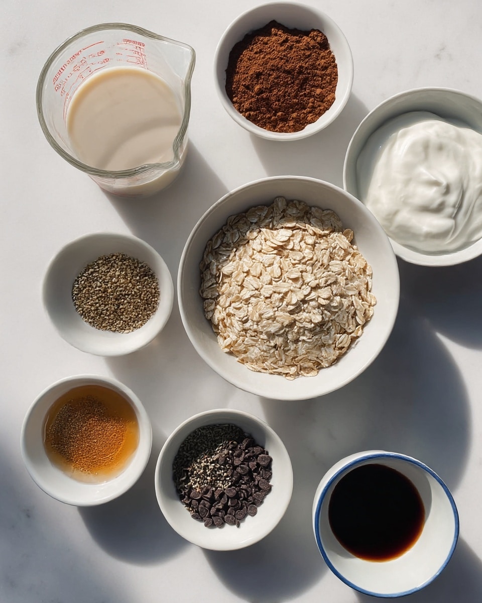 The image shows a white marbled surface with several white bowls and small containers arranged around a central white bowl filled with light brown rolled oats. To the top right, there is a white bowl with thick white yogurt that looks creamy. To the top left, a small white bowl contains cocoa powder, a rich brown color. Below it is a clear glass measuring cup with a light beige liquid, possibly milk or a milk substitute. To the bottom left, there is a small white bowl filled with a golden honey-like liquid, and next to it is another small white bowl with a mixture of black and white seeds or spices. To the bottom center, a small white cup with a blue rim holds a very dark liquid, likely coffee or soy sauce. To the middle right, a small white bowl contains dark chocolate chips or similar rounds, and below that, another white bowl holds a lighter brown powder, possibly cinnamon. All bowls are placed neatly with soft natural lighting that casts gentle shadows, photo taken with an iphone --ar 4:5 --v 7