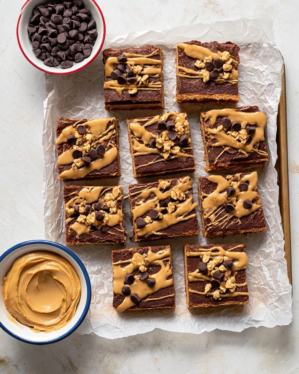 A square tray of nine chocolate bars is shown on crumpled parchment paper over a white marbled surface. Each bar has three visible layers: a firm brown base, a dark chocolate middle layer, and a drizzle of light tan peanut butter sauce with small clusters of granola and scattered dark chocolate chips on top. The peanut butter sauce is applied in irregular thin stripes across each bar. There is a small white bowl with a blue rim below the tray filled with creamy peanut butter and another small white bowl with a red rim filled with chocolate chips near the top left corner. Photo taken with an iphone --ar 4:5 --v 7