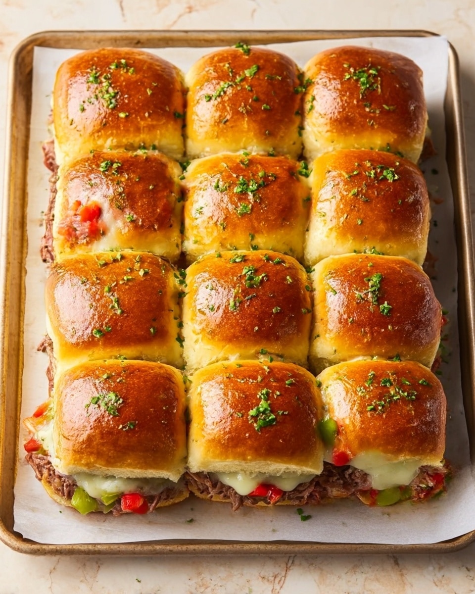 The image shows a sandwich made with twelve golden brown slider buns arranged in a 3 by 4 grid on white baking paper placed on a tray. Each bun has a shiny, soft texture and is sprinkled with finely chopped green herbs on top. Inside the sandwich, layers of tender cooked meat and colorful small pieces of red and green peppers are visible peeking out from the sides, along with melted creamy white cheese. The tray is on a light beige surface, but the background is to be imagined as a white marbled texture. photo taken with an iphone --ar 4:5 --v 7