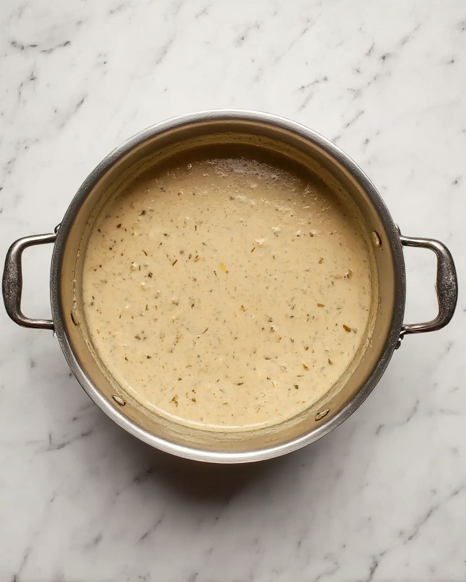 A round metal pot with two handles, filled with a thick, creamy mixture that has a light tan color and small bits of herbs and seasoning evenly spread throughout. The pot sits on a white marbled surface, and the mixture fills the pot almost to the top, showing a smooth texture with small chunks giving it a slightly rough look. photo taken with an iphone --ar 4:5 --v 7